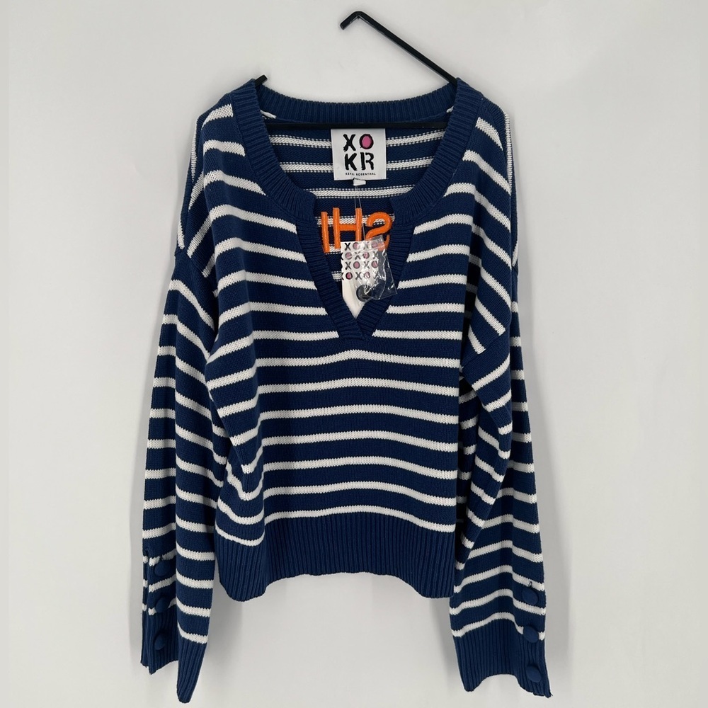 Kerri Rosenthal Knit Striped V Neck Embroidered Font Graphic Sweater Pullover